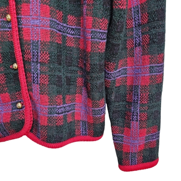 Vintage 90s Grandmacore Boiled Wool Sweater Cardigan Sz Large Red Green Holidays - Picture 8 of 12